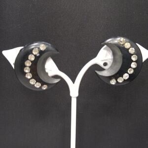 Vintage Black Thermoset Crescent Moon Earrings Rhinestone Clip On 1950s Jewelry